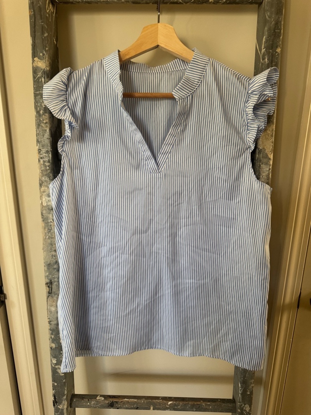 SHEIN Blue and White Pinstripe Ruffle Sleeve V-Neck Tank